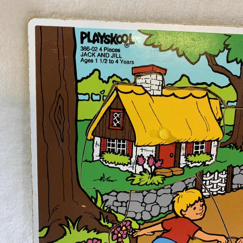 Vintage 1987 Playskool Jack & Jill #386-02 Wooden Inlaid 4 Piece Puzzle tray‎